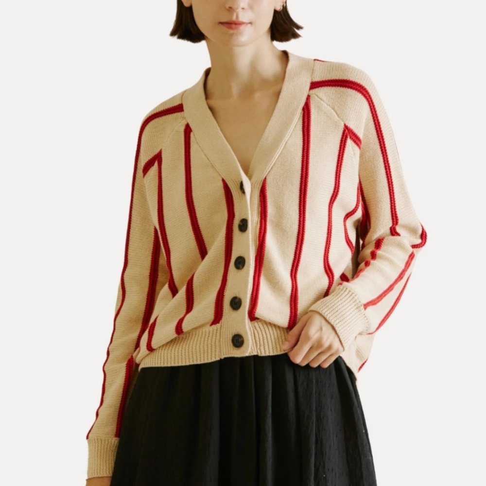 Cream Cardigan with Contrasting Red Stripes